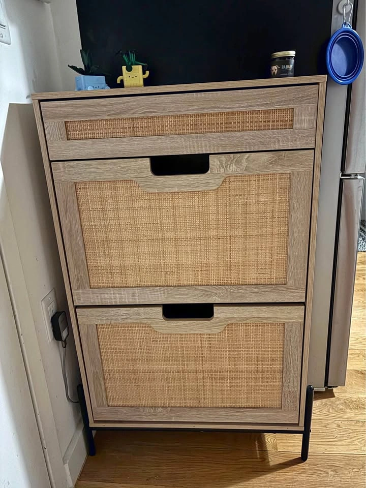 Light Wood Rattan Shoe Cabinet Storage