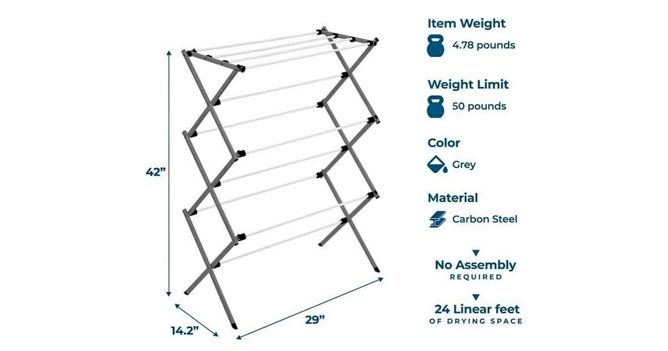 Grey Carbon Steel Collapsible Clothes Drying Rack