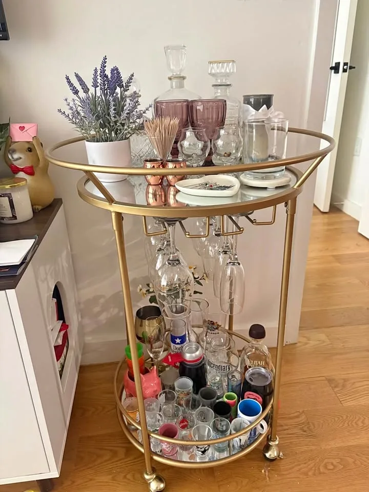 Gold Rolling Bar Cart with Glass Shelves