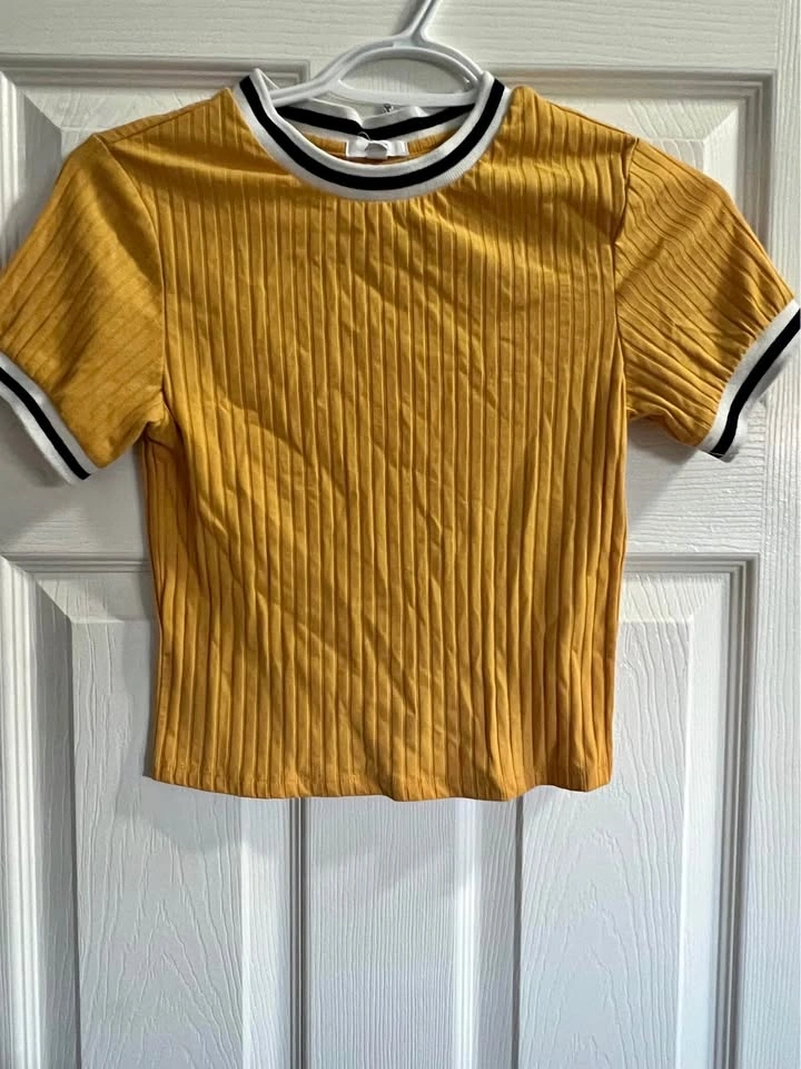 Ardene Yellow Ribbed Crop Top Striped Collar Cuffs