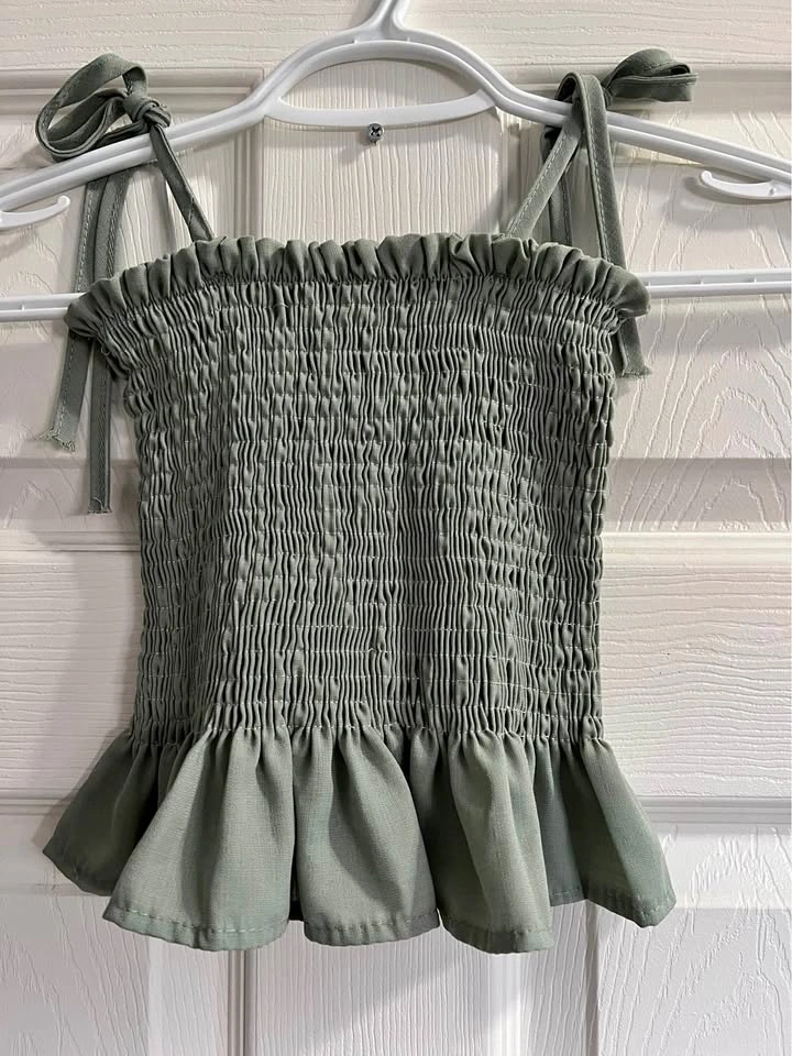 Green Smocked Tie-Shoulder Ruffle Hem Top