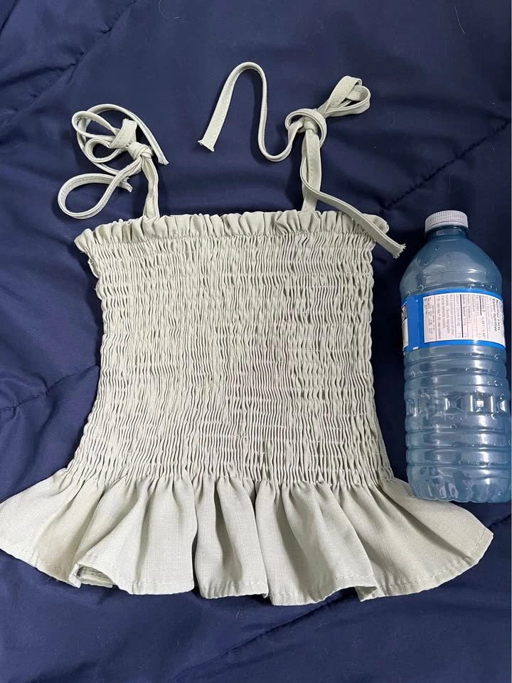 Green Smocked Tie-Shoulder Ruffle Hem Top - photo 2