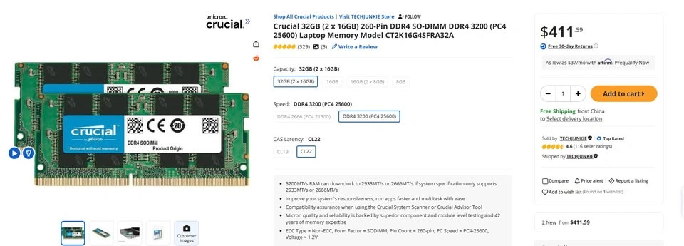 Crucial 32GB DDR4 RAM Kit (2x16GB) 3200MHz CL22 Laptop Memory - photo 4