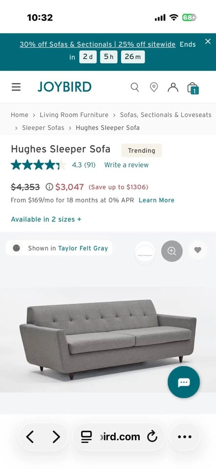 Joybird Hughes Sleeper Sofa - New Milliard Memory Foam Mattress - photo 3