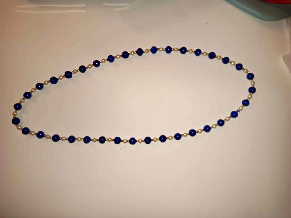 Lapis, Pearl and goldtone bead necklace