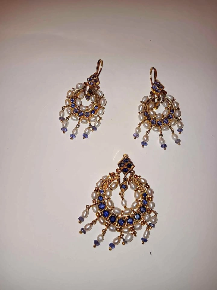 Earring and pendant set - Iolite, Pearl and vermeil