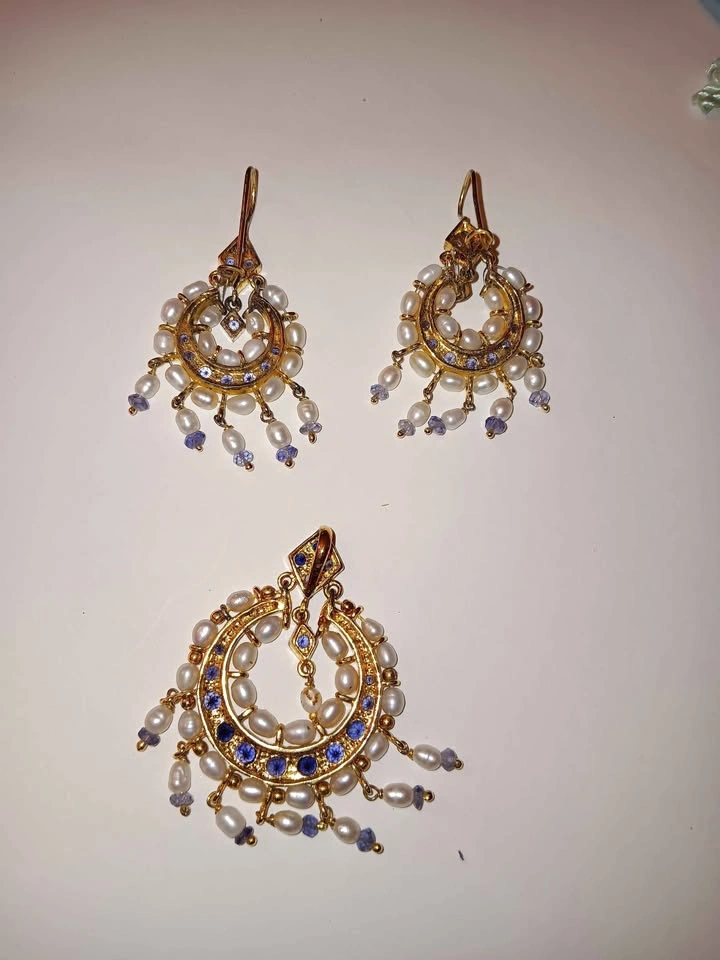 Earring and pendant set - Iolite, Pearl and vermeil - photo 2