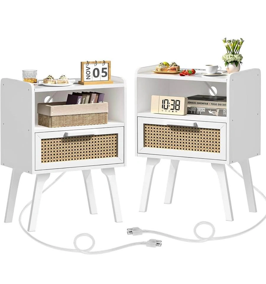 Rattan Nightstands Set of 2 with Charging Station