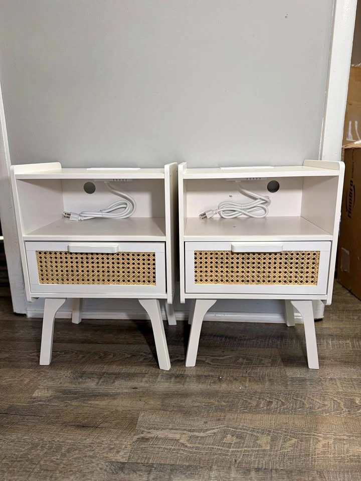 Brand New Rattan Nightstands Set of 2 with Charging Station