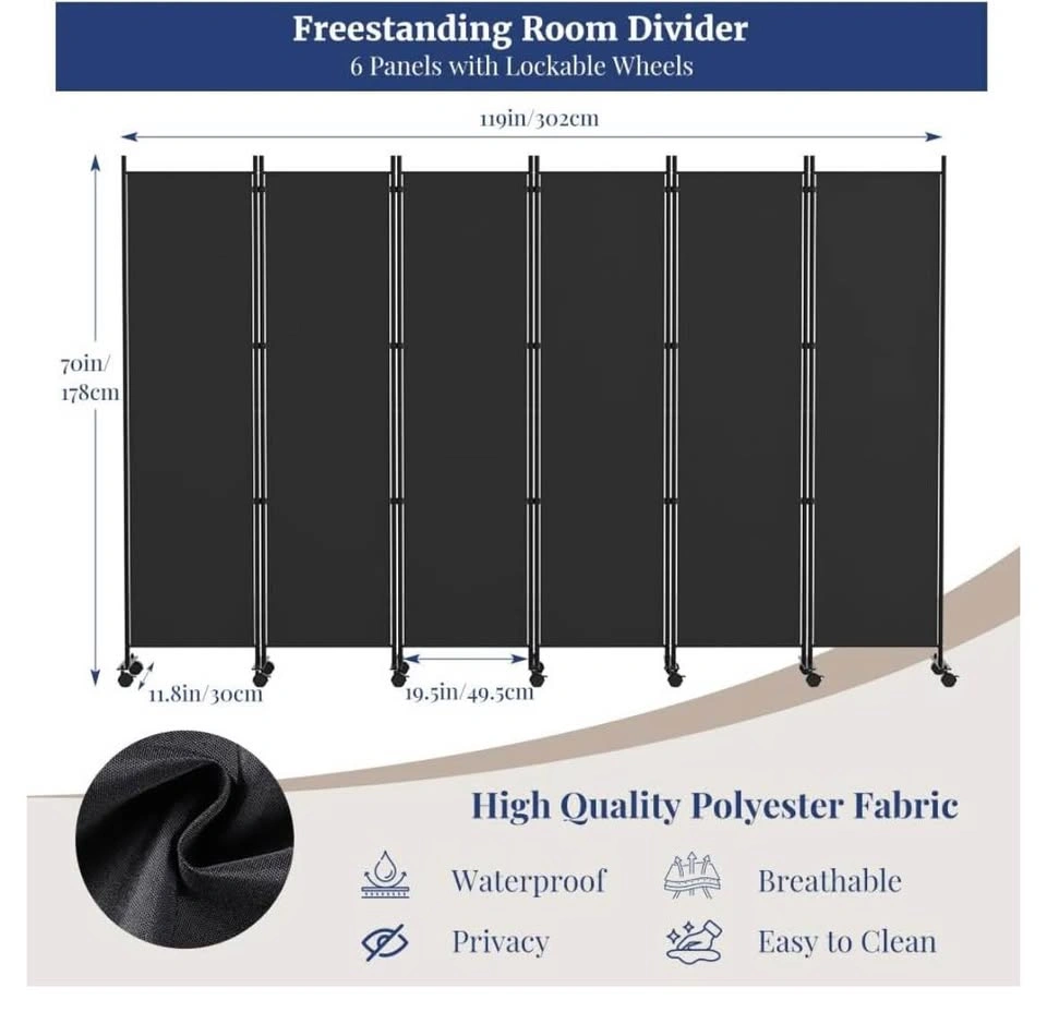 6 Panel Room Divider - 6FT Tall Rolling Privacy Screen - photo 2