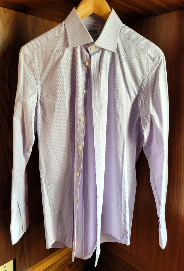 Charles Tyrwhitt Men's Lilac Striped Oxford Shirt Slim Fit 15/34