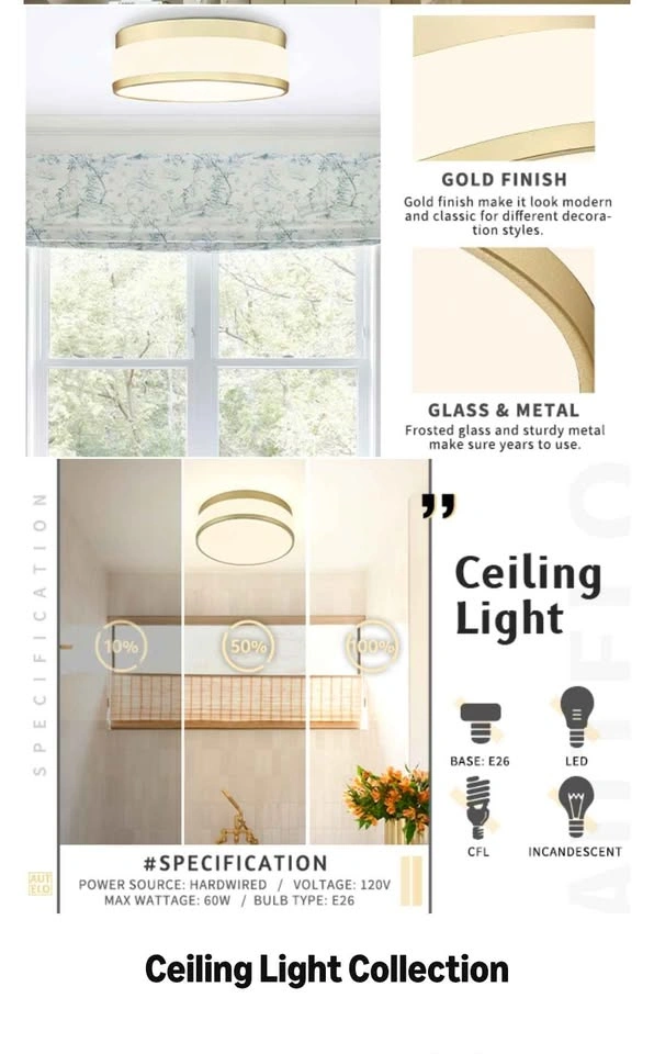 AUTELO Gold Ceiling Light, Frosted Glass Flush Mount - photo 5