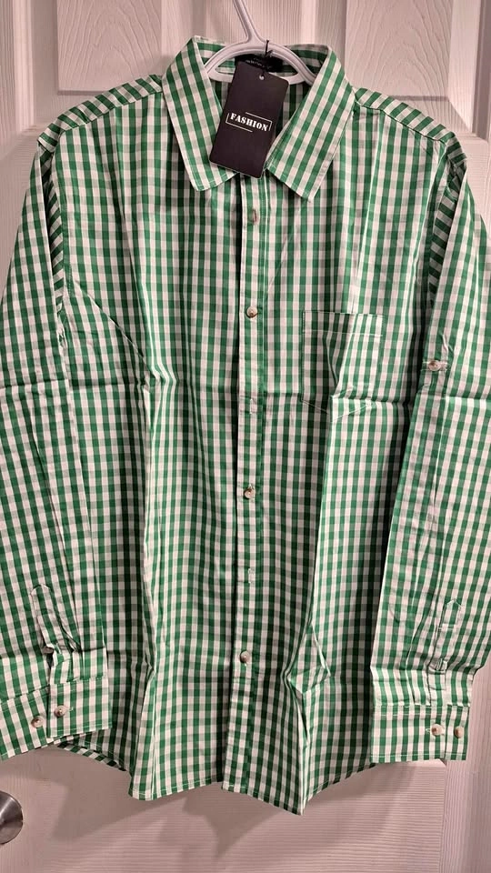 Fashion Green Gingham Long-Sleeve Button-Down Shirt (Red Availab