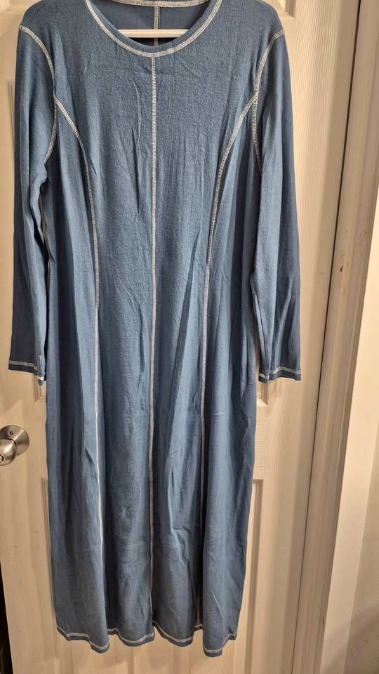 Blue Long Sleeve Ribbed Maxi Dress XX-Large