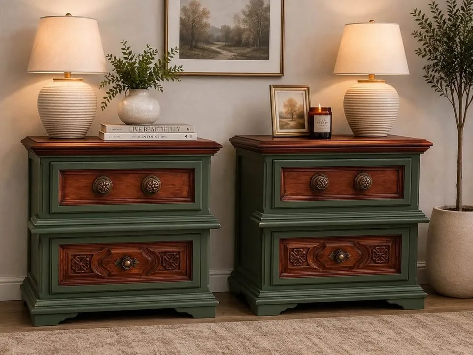 Refinished Gerard Collin's Nightstands - Green & Walnut