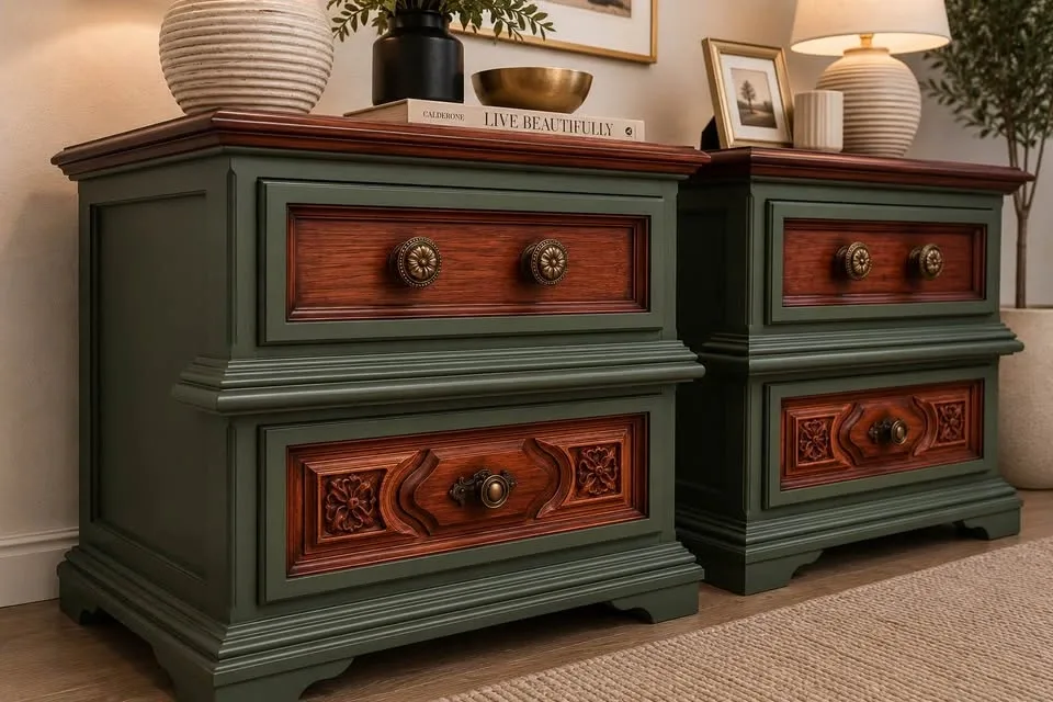 Refinished Gerard Collin's Nightstands - Green & Walnut - photo 2