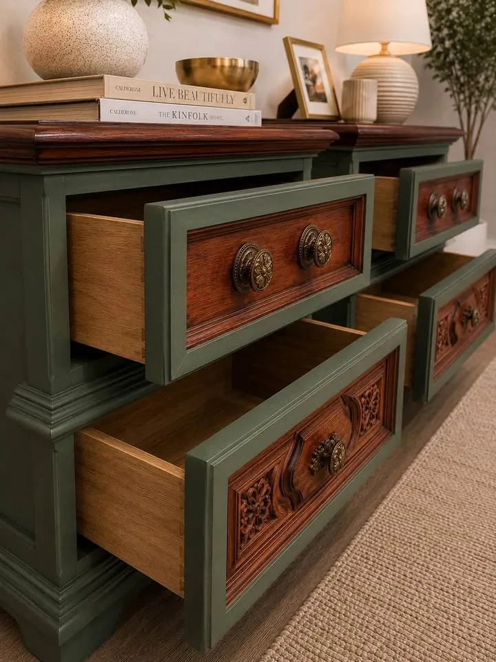Refinished Gerard Collin's Nightstands - Green & Walnut - photo 3