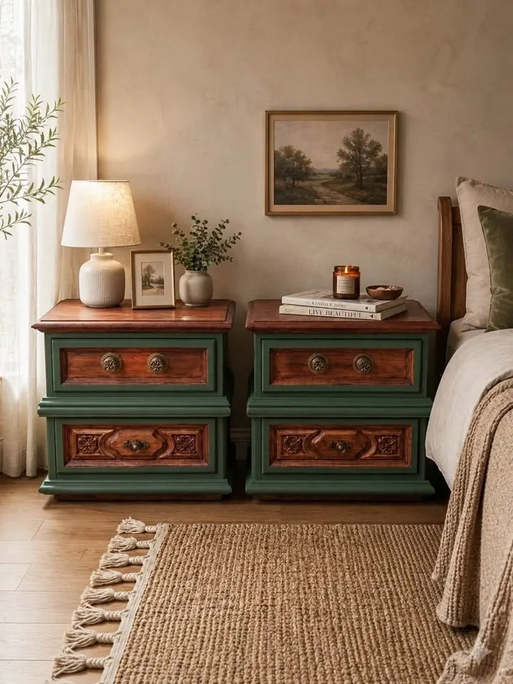Refinished Gerard Collin's Nightstands - Green & Walnut - photo 4