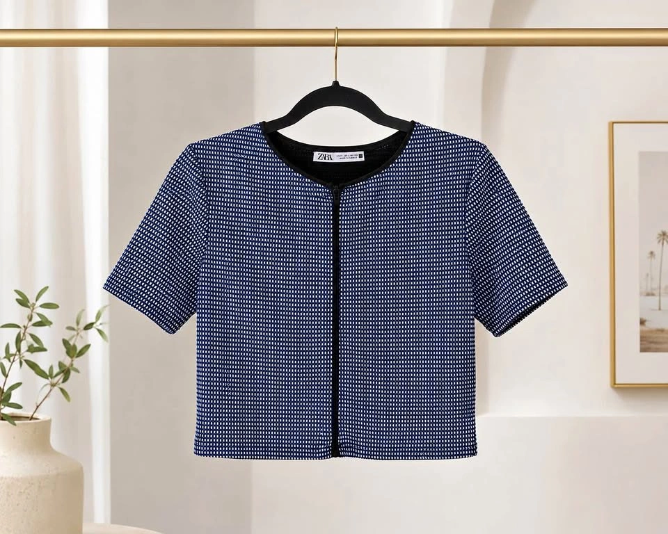 Zara Blue Patterned Short Sleeve Zipper Crop Top L