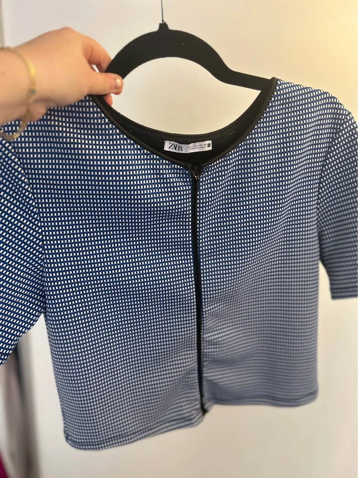 Zara Blue Patterned Short Sleeve Zipper Crop Top L - photo 3