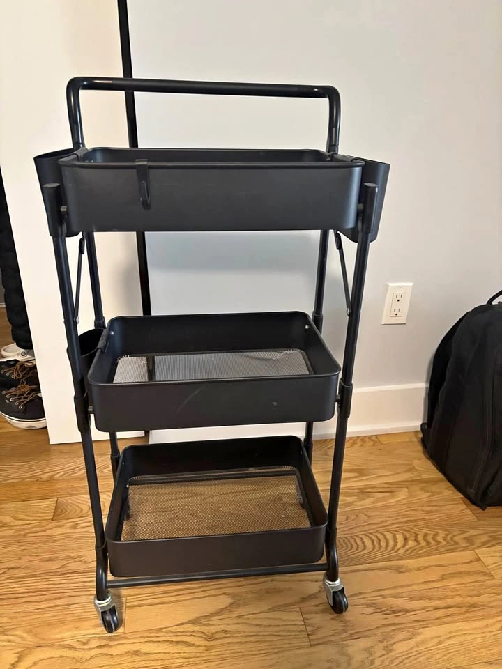 Black 3-Tier Rolling Cart with Mesh Trays and Side Organizers