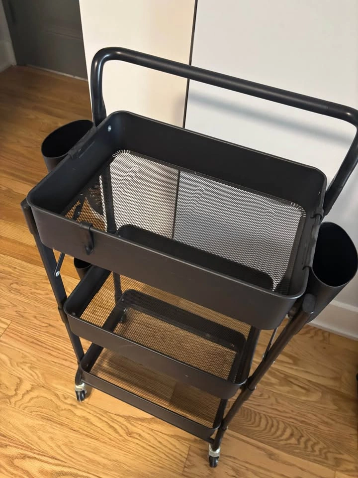 Black 3-Tier Rolling Cart with Mesh Trays and Side Organizers - photo 2