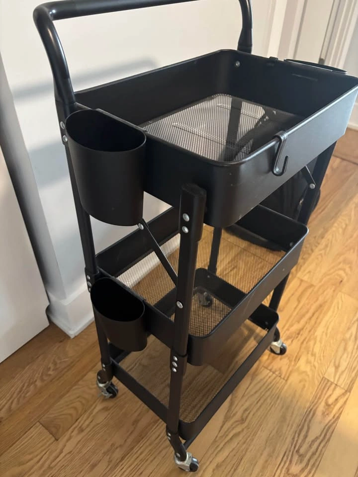 Black 3-Tier Rolling Cart with Mesh Trays and Side Organizers - photo 3