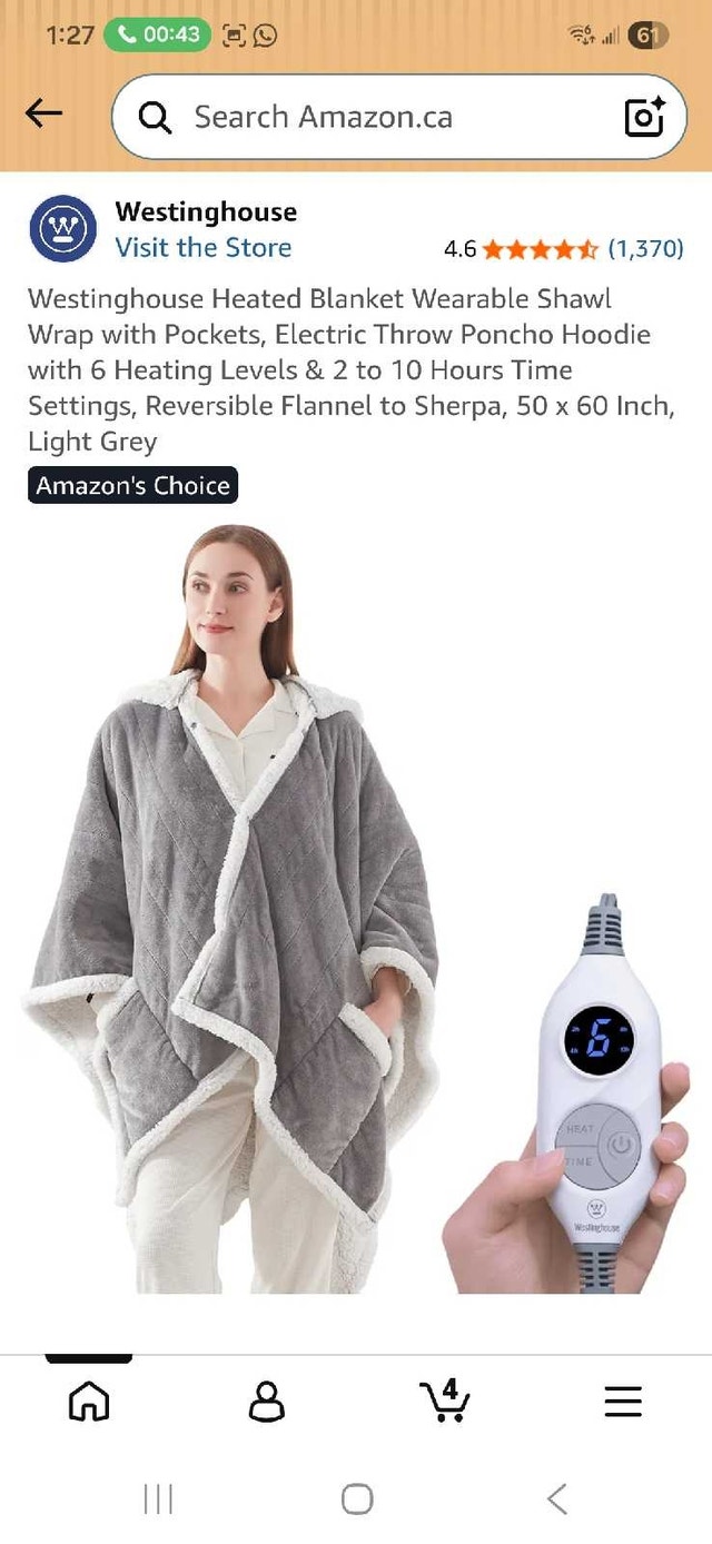 Westinghouse Heated Blanket Shawl Hoodie - New