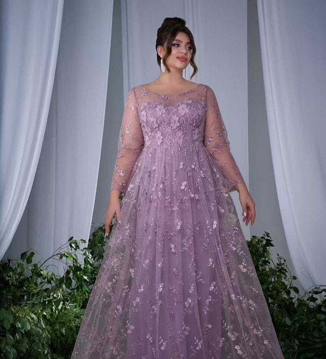 New Lilac Tulle Floral Embroidered Long Sleeve Floor Length Gown