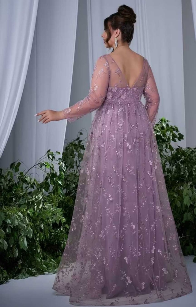 New Lilac Tulle Floral Embroidered Long Sleeve Floor Length Gown - photo 2
