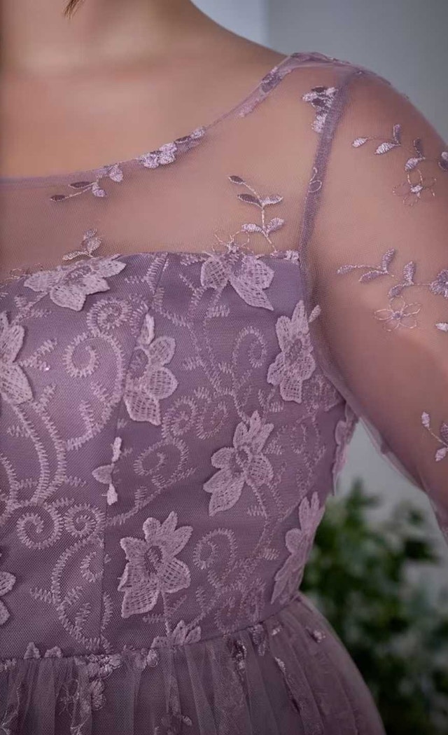 New Lilac Tulle Floral Embroidered Long Sleeve Floor Length Gown - photo 3