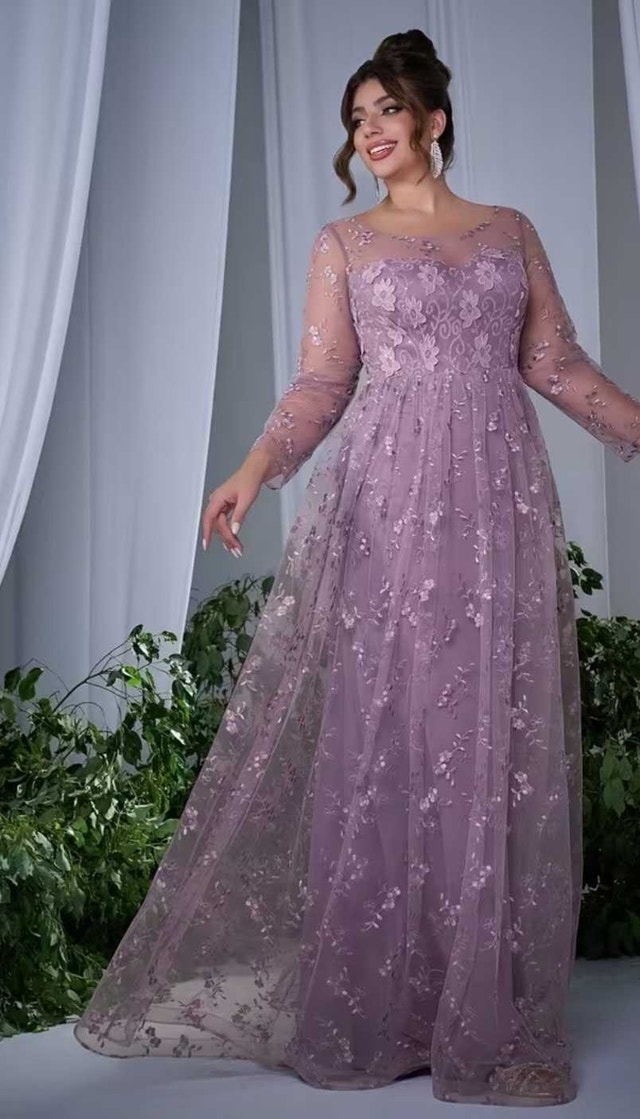 New Lilac Tulle Floral Embroidered Long Sleeve Floor Length Gown - photo 5