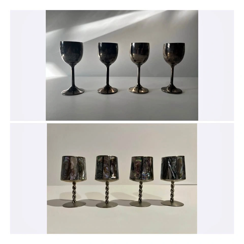 Vintage Alpaca Silver & Abalone Cordial Goblets & Viking Plate W