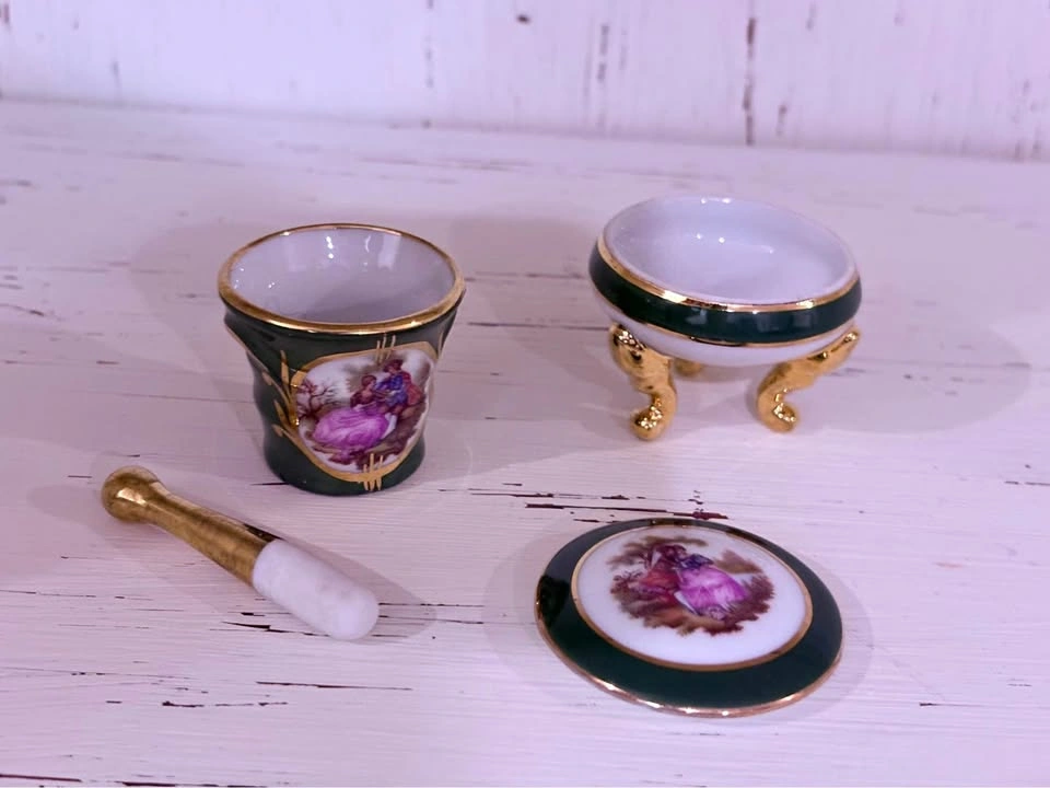 Limoges France Footed Lidded Trinket Box + Mortar & Pestle