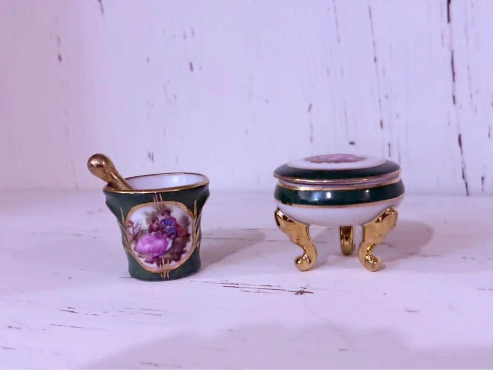 Limoges France Footed Lidded Trinket Box + Mortar & Pestle - photo 2