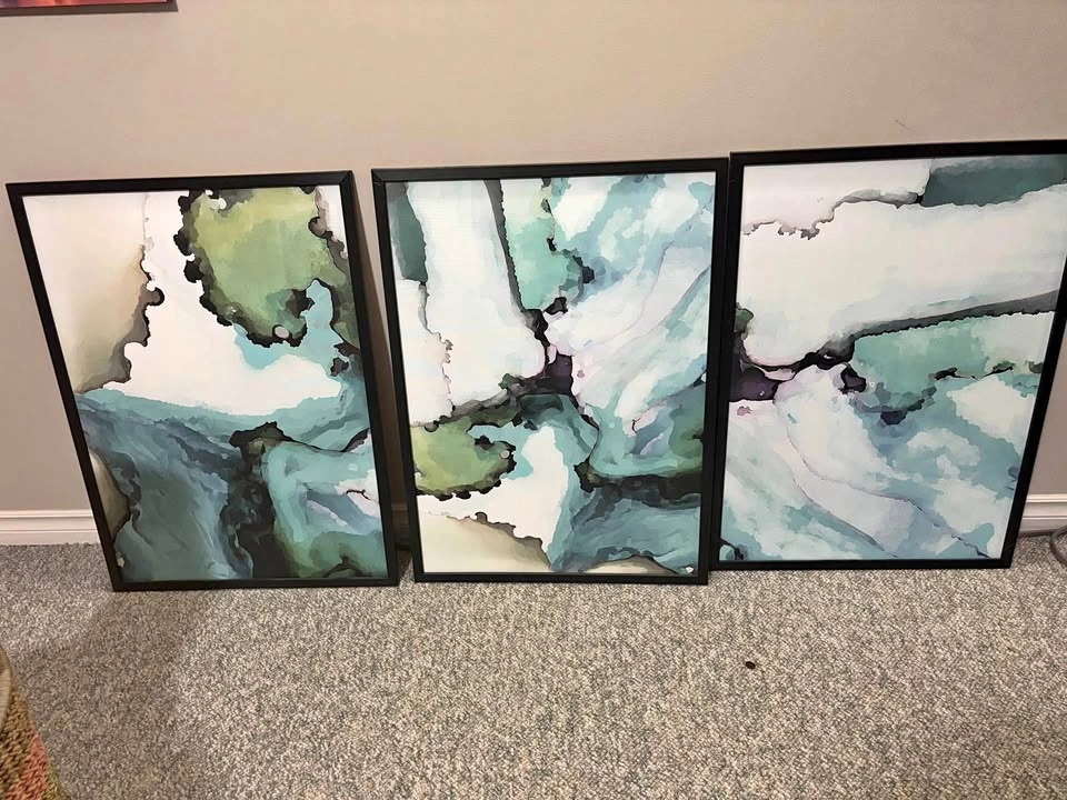 Set of 3 Green & Teal Art Pieces (Professionally Framed)