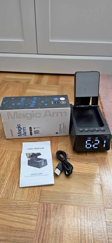 Magic Arm Phone Stand w/ Bluetooth Speaker & Clock