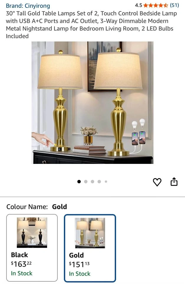 30" Tall Gold Table Lamps Set of 2