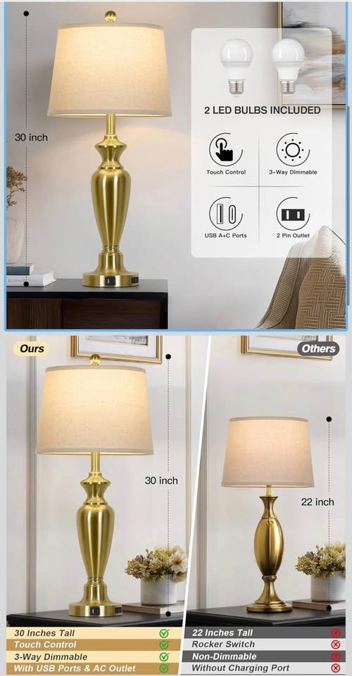 30" Tall Gold Table Lamps Set of 2 - photo 2