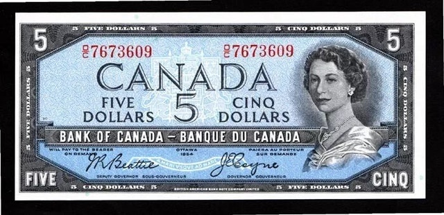 Bank of Canada Early Elizabeth II $5 Dollar Banknote 1954 Crisp