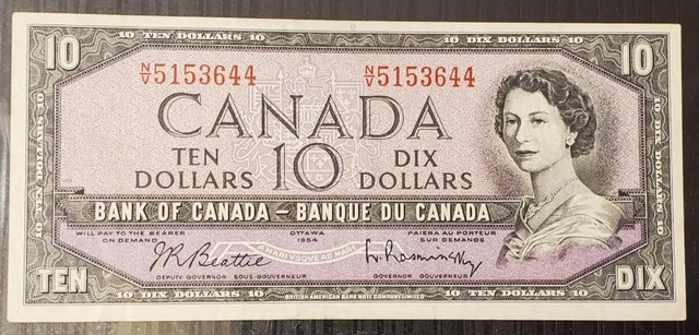 Canadian 1954 $10 Dollar Bill Banknote
