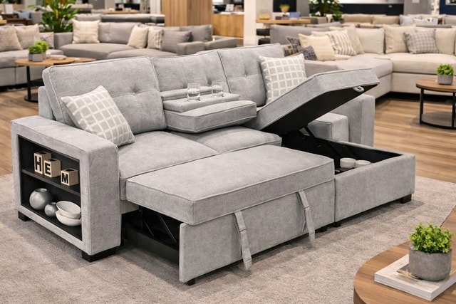 Light Grey Reversible Sofa Bed with Storage