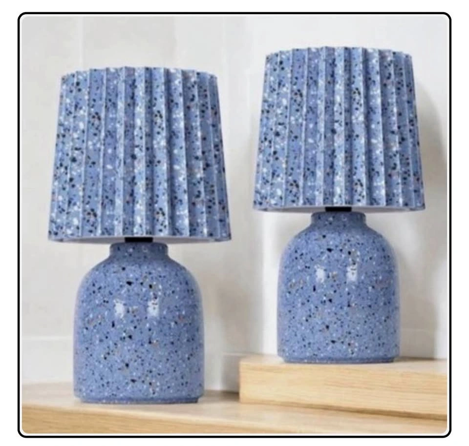 Table Lamps Set Of 2 Printed Ceramic Base w/Blue Printed Pleated