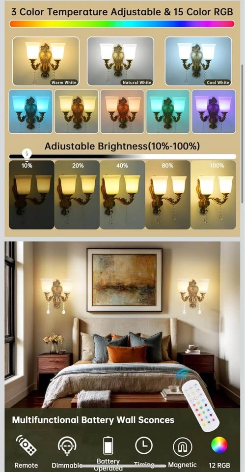 Battery Operated Wall Sconce 2-Light, RGB Dimmable - photo 3