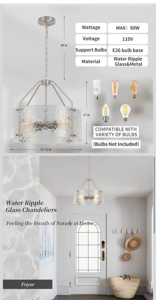 Glass Drum Chandelier 18'' Brushed Nickel Light Fixture - photo 4