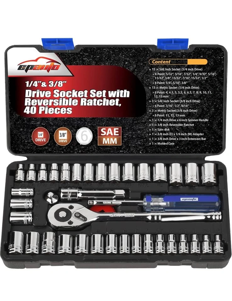 EPAuto 1/4-Inch & 3/8-Inch Drive Socket Set, 40 Pieces - photo 4