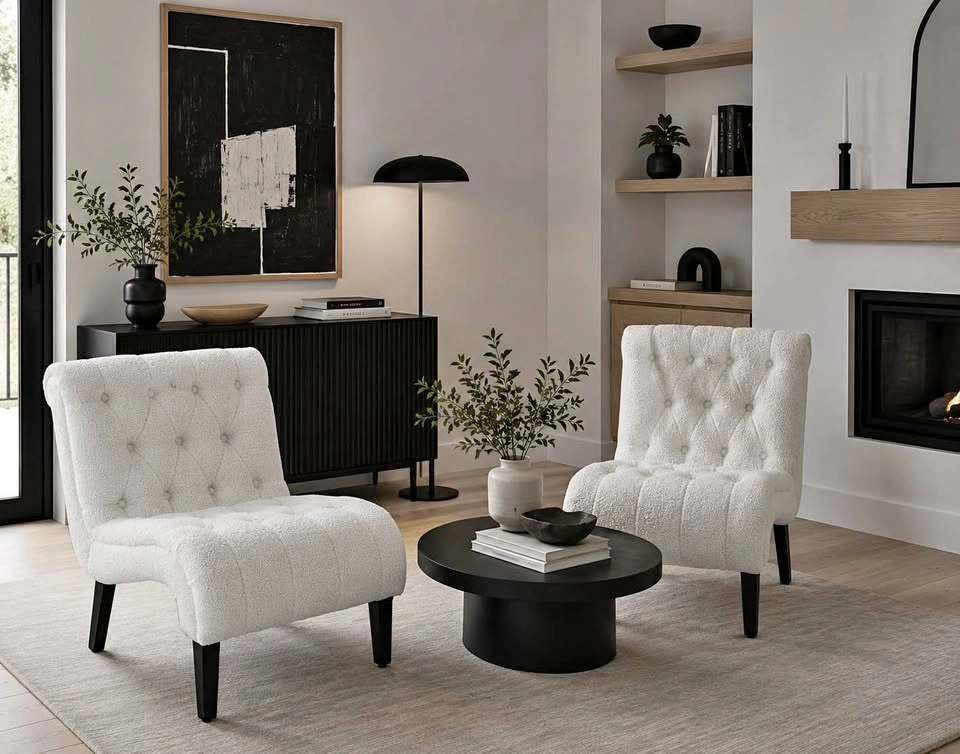 White Bouclé Tufted Accent Slipper Chair