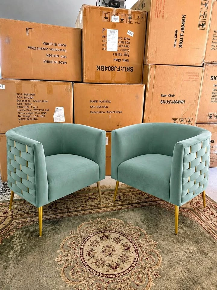 New! Pair of Green Velvet Accent Chairs with Gold Legs - Woven B
