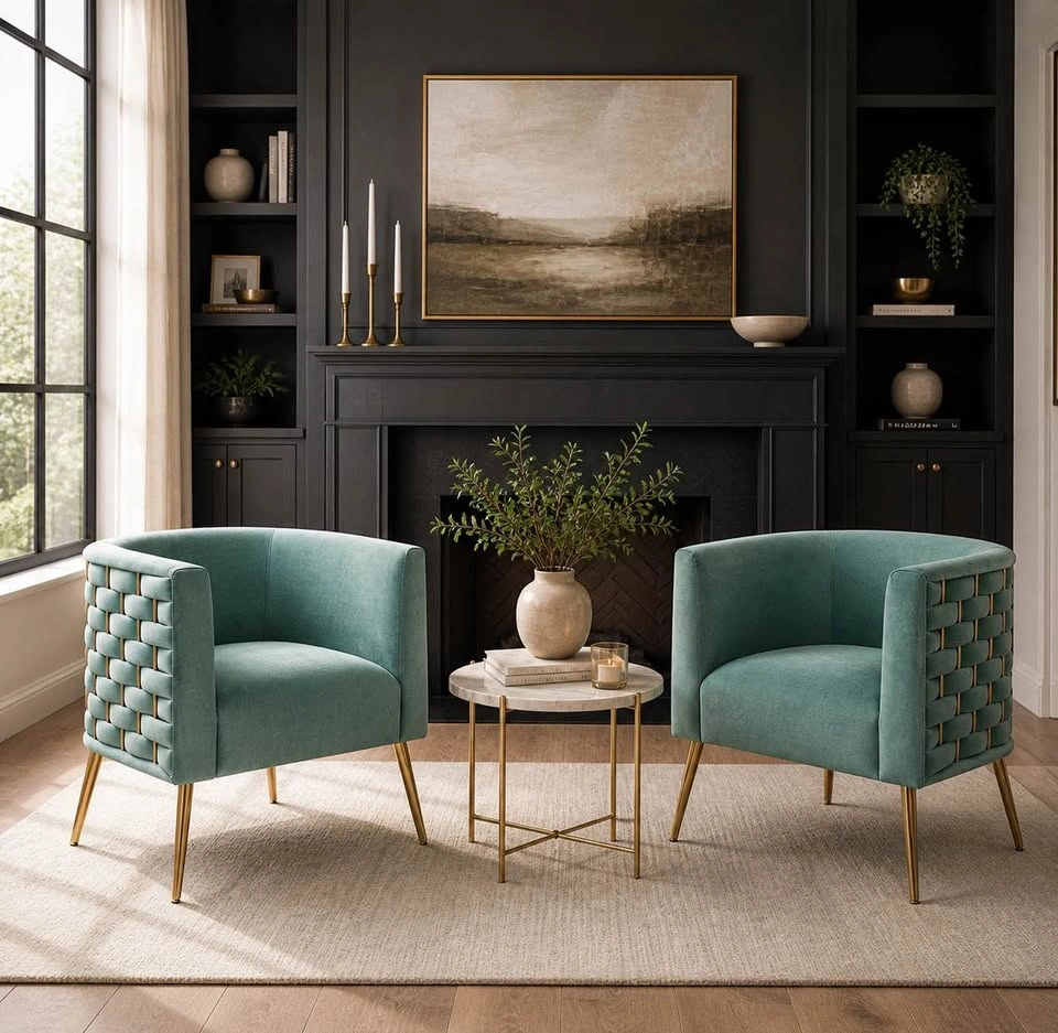 New! Pair of Green Velvet Accent Chairs with Gold Legs - Woven B - photo 2