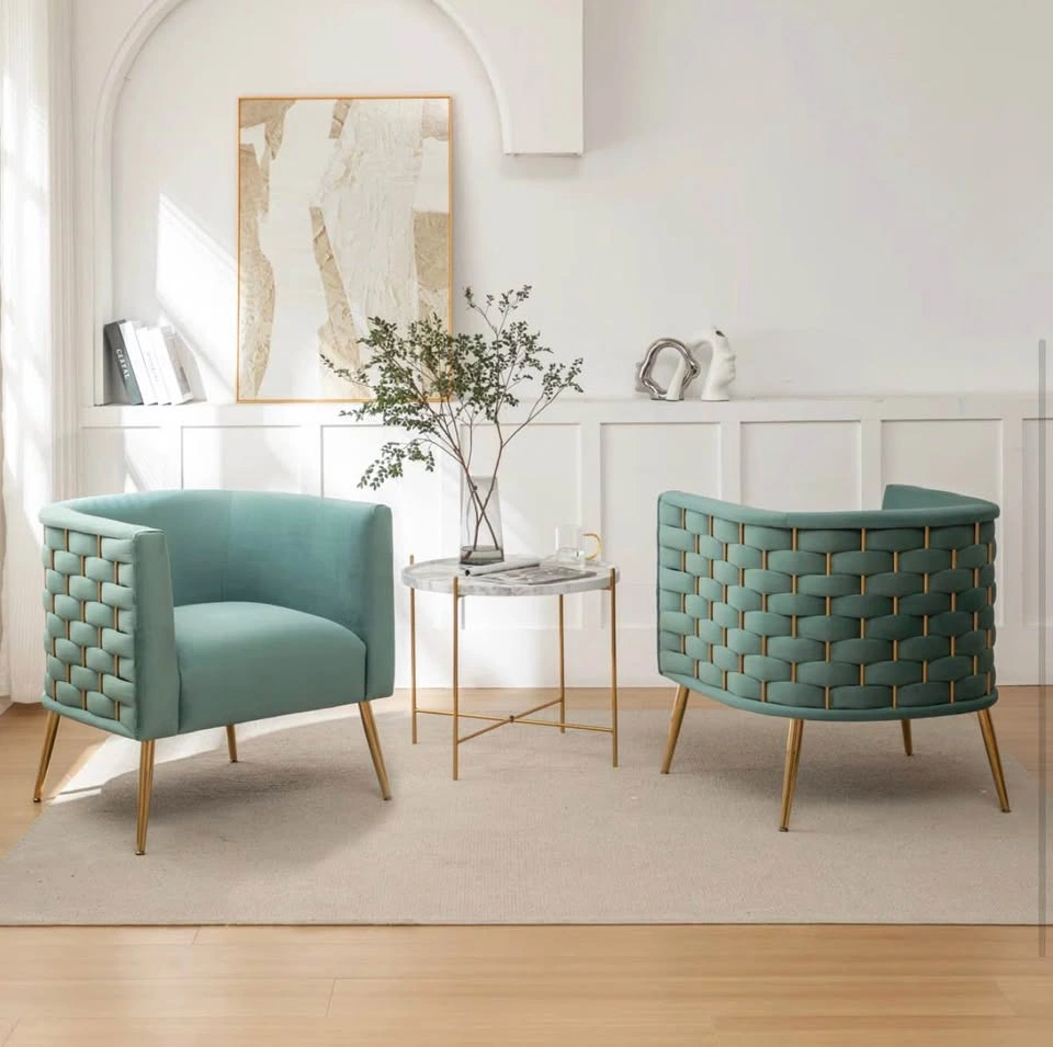 New! Pair of Green Velvet Accent Chairs with Gold Legs - Woven B - photo 4